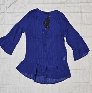 Vix Paula Hermanny Blue Tiered Ruffle Tunic Blouse with Bell Sleeves NWT